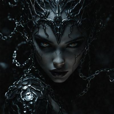 The primary subject of the image is a woman with a demonic appearance, wearing a black and silver outfit. She has a demonic face with a mix of black and silver colors. The setting is a dark room, and the visual style is a combination of photo and digital art. The overall atmosphere is eerie and mysterious.